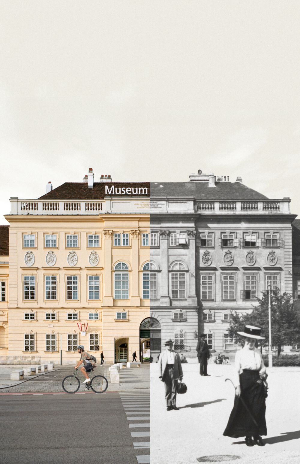 Links: © MuseumsQuartier Wien, Foto: Stefan Oláh | Rechts: Gerlach & Wiedling, Hofstallgebäude, um 1900, Wien Museum